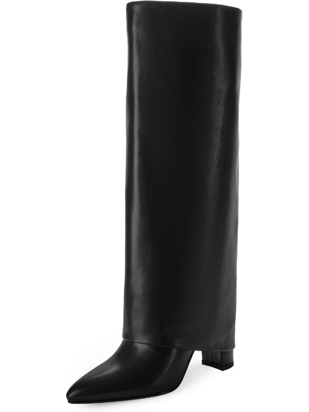 Women Black Fleece Pointed Toe Chunky Heel Faux Leather Over The Knee High Boots